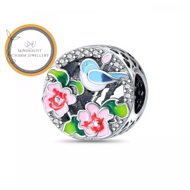 Minimalist Charm Jewelry Bird And Flower Round Charm, Flower Charm, Bird Charm, Women Gift Charm