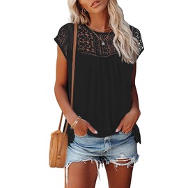 AUSELILY Women's Summer Tops Casual Short Cap Sleeve Crewneck Lace Trim Ladies T Shirts 2025 Trendy Black M