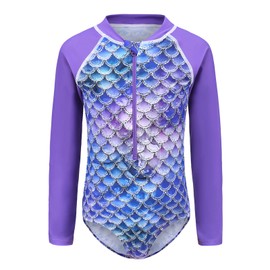Moon Tree Girls Long Sleeve Rash Guard Mermaid Swimsuits One Piece Bathing Suit for Girls Purple Size 8/6-8 Years