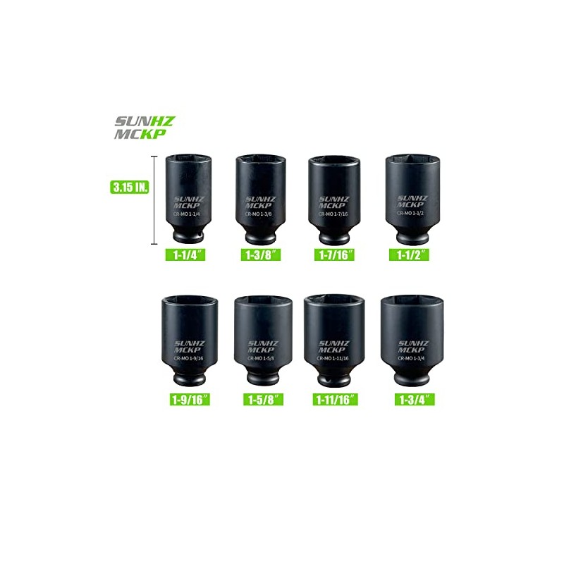 SUNHZMCKP 1/2" Drive Deep 6-Point Impact Socket Set, 8-Piece Standard
