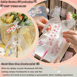 Qrhky 86PCS Acrylic Bookmark Blanks Kit, 20 Sublimation Bookmarks with 25PCS UV DTF Sticker, 20PCS Ribbon, 20PCS Holographic Bags, 1PCS Tweezers, Clear Bookmark Kit for DIY and Gifts (Mixed)