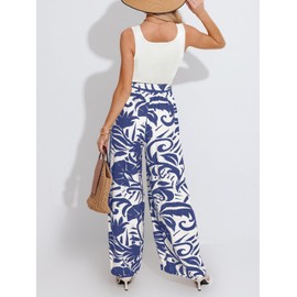 CUPSHE Women's Jumpsuit Floral Square Neck Sleeveless Jumpsuit Wide Leg Romper with Belt Playsuit Summer Trouser Suit, blue, M