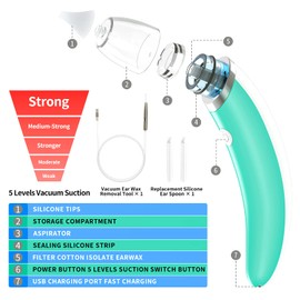 Ear Vacuum Ear Wax Vacuum Suction, Electric Ear Wax Remover with 5 Level Suction Power, Ear Cleaning Kit USB Rechargeable Includes Ear Spoon Brush for Adults and Kids, Ear Wax Sucker Removal Cleaner