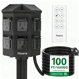 Flexoria Outdoor Power Stake Timer, Remote Control Dusk to Dawn Light Timer, 100FT Extension Cord Waterproof, 6 Grounded Outlets for Outdoor Christmas Decorations, ETL Listed