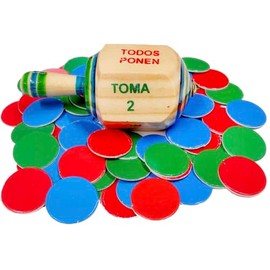 More Fiesta Pirinola Toma Todo de Madera Grande con Fichas - Tamaño 7.5 CM de Alto