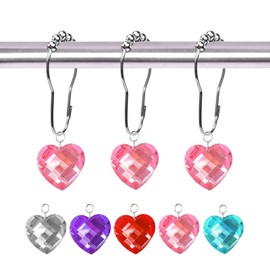 Decorative Crystal Shower Curtain Rings with Rustproof Stainless Steel Hooks,ling Diamond Rhinestones Hook for Bathroom Decor,Pack of 12, (Heart Rhinestone Pink)