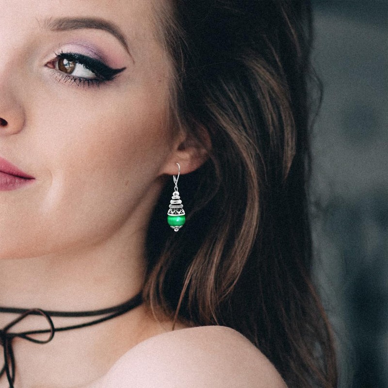 HQFJW Natural 10mm Green Cat-Eye Quartz Stone Bead Drop Earrings,Retro