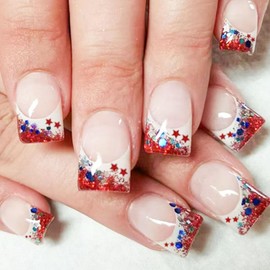 4th of July Press on Nails Square Short False Nails White French Tip Glue on Nails Red Glitter Stars Design Blue Sequins Acrylic Fake Nails Independence Nails Press ons for Girls 24Pcs