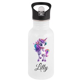 Personalisierte Trinkflasche Kinder Edelstahl [ 400ml ] - Robuste Trinkflasche mit Namen und Einhorn - Wasserflasche mit Trinkhalm
