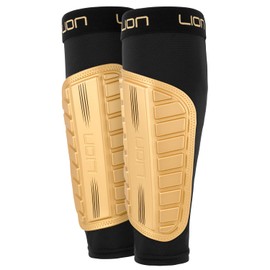 Football Sleeve Style Shin Pads/Guards - Flexible Comfort & Protection - For Kids & Adults - Gold (Large Adults)