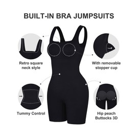Popilush Jumpsuits for Women Built-In Sports Bra Ribbed Short Casual Summer Square Neck Rompers Sleeveless Yoga Outfits Workout Sets Black XL