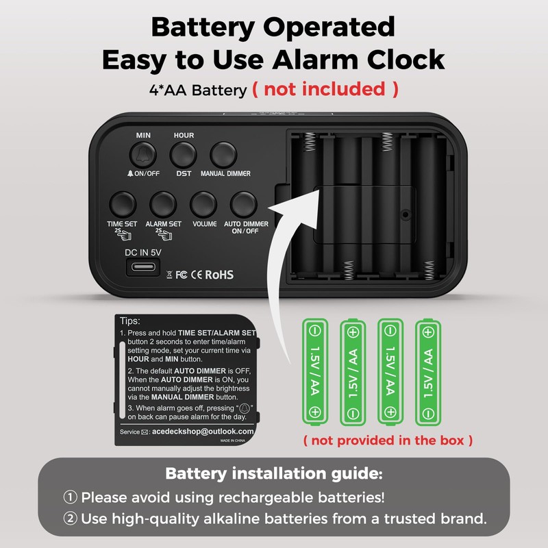 Acedeck Battery Operated Digital Clock: Cordless Small Alarm Clock for