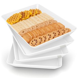 4-Pack Plastic Large White Serving Trays Set - Reusable Serving Platters for Cookie, Appetizer, Charcuterie, Snack, Dessert, Party Food Display - Stackable Kitchen CounterTop Tray, BPA Free