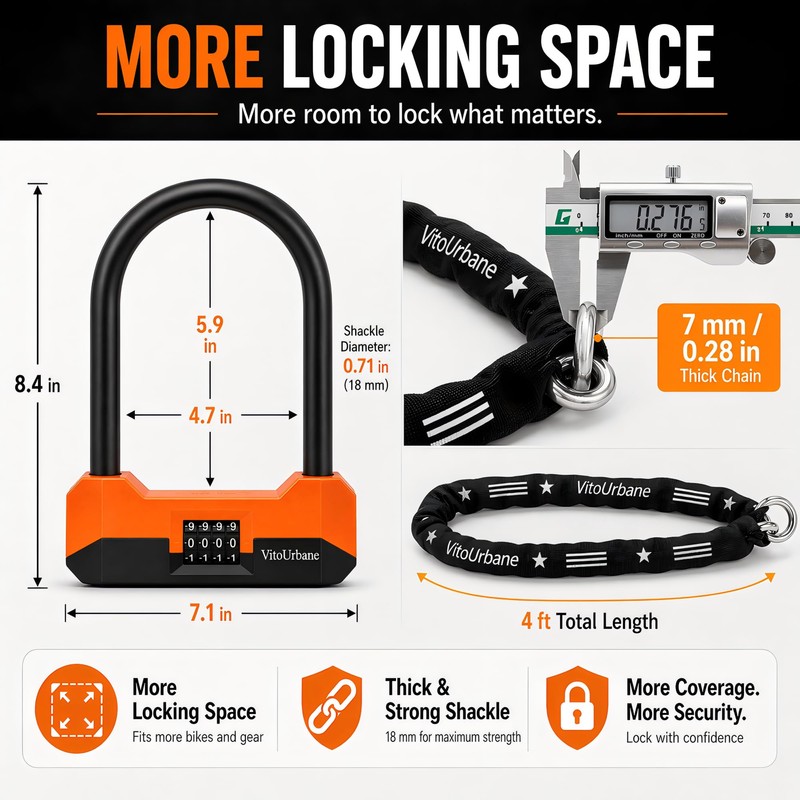 Combination Bike U Lock and Chain Set for Bikes, E-Bikes