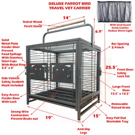 25 Inch Wrought Iron Bird Parrot Travel Veterinary Carrier Cage Wooden Perch Stand with Cover for Conures Lovebird Cockatiel Parakeets Budgie Included Cage Cover