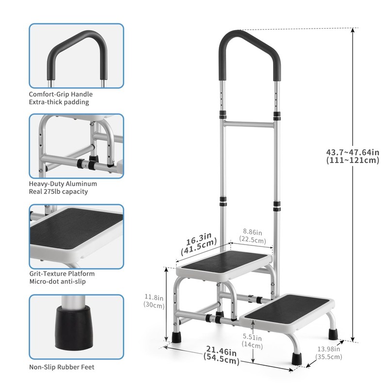 NORTTA 2-Step Stool with Adjustable Handrail for Adults - Lightweight