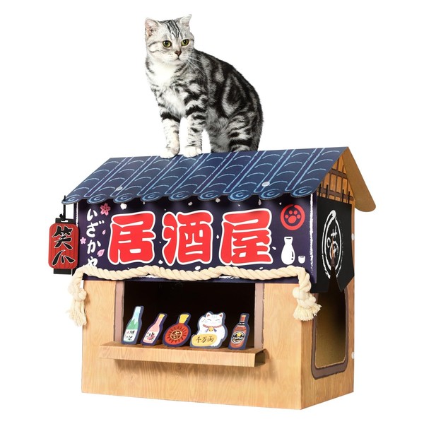 SMILE PAWS Large Sturdy Cardboard Cat House with Scratcher, Cat Condo, Bed, Toys, Izakaya Bar for Outdoor/Indoor, Cat Play House & Home Décor, Easy to Assemble for Cats Bunny Small Animals