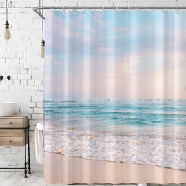Visioun Ocean Beach Coastal Seaside Shower Curtain for Bathroom 72W*72H Inch Nautical Summer Seacoast Beachy Waves Bathtub Decor Seascape Neutral Waterproof Polyester Fabric Set with 12 Hooks