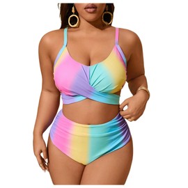 Verdusa - Conjunto de bikini de 2 piezas con bloques de color, color degradado, parte delantera cruzada, fruncido y espalda cruzada, Rosa y Verde Multi, 3X-Large Plus