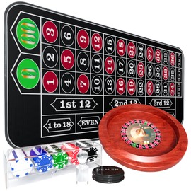 iEsstros 11 Inch Roulette Wheel Set for Adults with Rubber Roulette Table Mat 35" x 16" Wood Roulette Wheel 11 Inch 100 Poker Chips Set Win Mark Dealer Button-Black