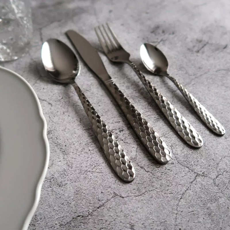 LunaLux Cutlery Set Hammered Silver 16-Piece Stainless Steel Flatware BestWayDigital