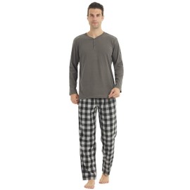 YUSHOW Mens Warm Pyjamas Sets Ultra Soft Henley Long Sleeve Top & Flannel Checked Bottoms Microfleece Pyjamas for Men Loungewear PJs Sleepwear
