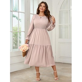 SHESTARR Women's Plus Size Dress Long Sleeve Crewneck Smocked Tiered Flowy Boho Wedding Party Maxi Dresses Beige