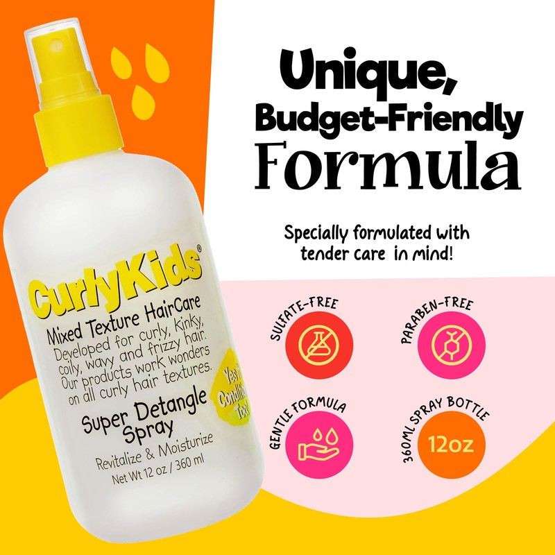 CurlyKids Super Detangling Spray, 12 fluid ounces, Hair Conditioner or