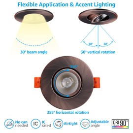 TORCHSTAR 5CCT 3 Inch Gimbal LED Recessed Light, CRI90+ Dimmable Swivel Adjustable Eyeball Downlight, Airtight IC, 2700K3000K3500K4000K5000K, Canless LED Ceiling Light, Oil Rubbed, Pack of 6