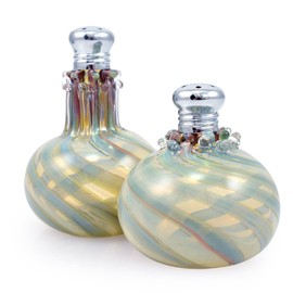 American Made Hand-blown Art Glass Salt/Pepper Shakers: Misty Blue Sage Green Swirl