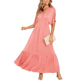 DEEP SELF Womens V Neck Half Sleeve Maxi Dress Summer Casual Long Flowy High Waist Wedding Guest Dress Coral