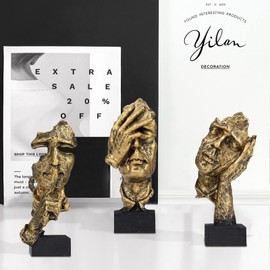 aboxoo 3 Pcs Thinker Statue, Silence is Gold Abstract Art Figurine, No Hear No See No Speak Modern Home Resin Sculptures Decorative Objects Modern Decor for Creative Room Home, Office Study (Gold)