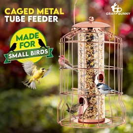 Squirrel Proof Bird Feeder for Outdoors Hanging (Metal Rose Gold) Bird Feeder with 4 Ports, Chew-Proof & Weather Resistant, Backyard Gift (10.25 x 6.25 x 6.25 inches)