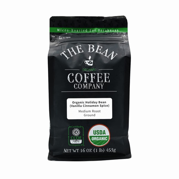 The Bean Organic Coffee Company Holiday Bean (Vanilla Cinnamon Spice), Medium Roast, Ground Coffee, 16-Ounce Bag