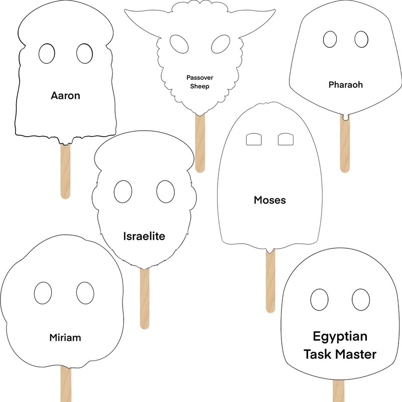 The Dreidel Company Passover Character Masks, Laminated Pesach Stick Puppets