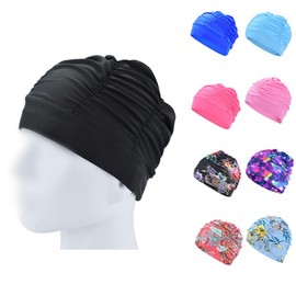 GSHLLO Pleated Swimming Cap Long Short Hair Swim Hat Beach Surfing Cap Elastic Shower Cap Turban Ears Protection Cap for Men Women Black