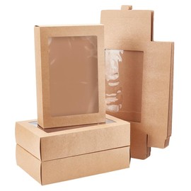 NBEADS Pack of 12 BurlyWood Window Gift Box, Folding Window Paper Boxes, Cookie Boxes, Bakery Boxes, Kraft Treat Boxes for Exhibition, Gift, Party, Jewellery Packaging, 21 x 14 x 5 cm