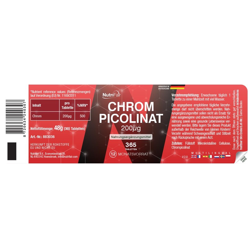 Chrompicolinat 200μg - 365 Tabletten - *normaler Blutzuckerspiegel - Hochdosiert