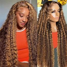 ZAMSTA Honey Blonde Curly Wig Human Hair 13x4 HD Highlight Ombre Deep Wave Lace Front Wigs Human Hair Pre Plucked 180% Density 4/27 Glueless Colored Wigs for Women Wet and Wavy Lace Front Wigs 26 Inch