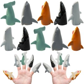 Kiddie Play Finger Puppets for Kids, 10 pc Sharks Puppets Rubber Set for Story Time and Bath Toys