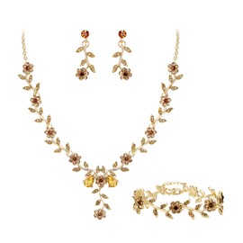 BriLove Women's Wedding Jewellery Set Leaf Cluster Flower Crystal Dangle Earrings Pendant Necklace Link Bracelet for Bridal Bride Champagne Gold-Tone