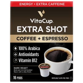 VitaCup Extra Shot Strong Coffee Pods, Bold & Intense Dark Roast w/ Espresso Shot, High Caffeine, Vitamin B12, Antioxidants, Recyclable Single Serve Pod Compatible w/ Keurig K-Cup Brewers, 16ct