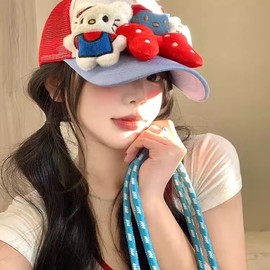 Kitty Ball Cap 2025 New Cute Kitty Cat Ribbon Baseball Cap for Women Y2k Avi Style Face Jaka1 Red Brim Ribbon + 56-60cm 3ea