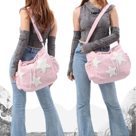 OPLERT Star Tote Hobo Bag for Women Large Corduroy Crossbody Bag Y2K Cute Tote Bags Aesthetic Messenger Handbag