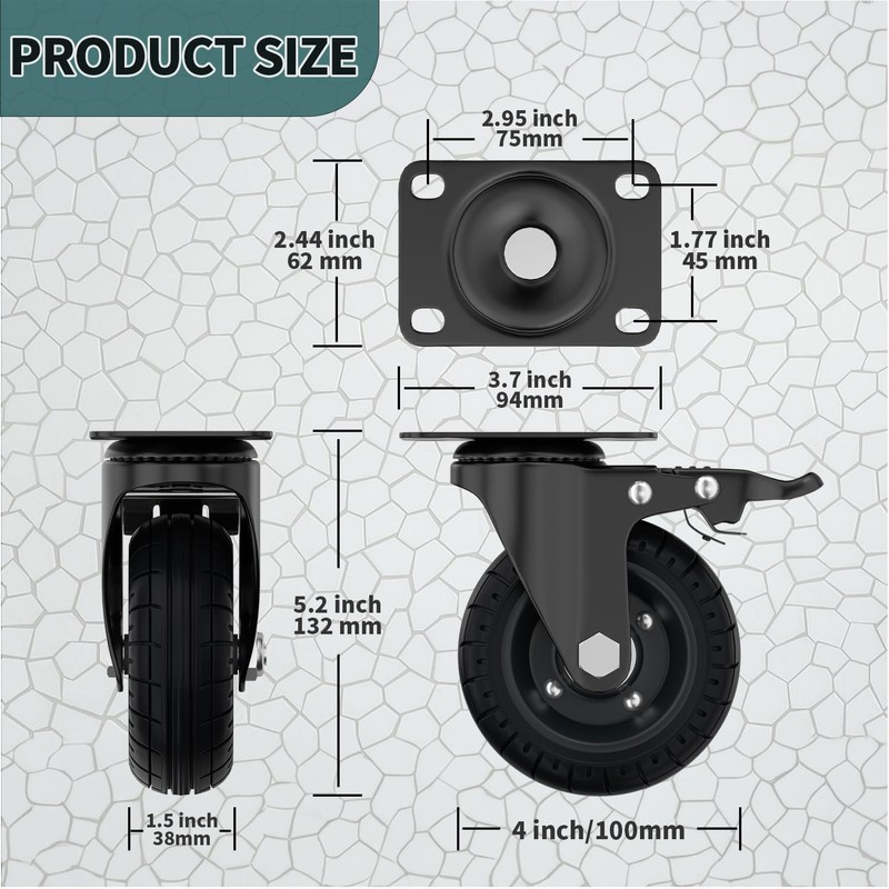 Lygoeege 4 Inch Swivel Caster Wheels with Dual Brake, Up