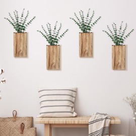 Marsui 4 Pack Wood Wall Planter Vase with Artificial Eucalyptus Modern Farmhouse Wall Hanging Decor Wooden Pocket Vases for Indoor Fake Plants Flowers Greenery, Living Room Bedroom Office Decoration