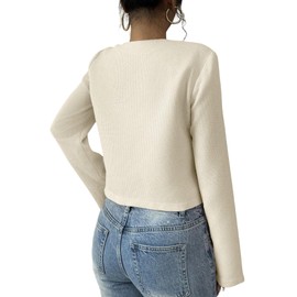 GORGLITTER Women's Jacket Long Sleeve Elegant Open Front Short Cardigan Tweed Button Placket Work Blazer Office Jacket Blazer with Crew Neck, Apricot colours, M