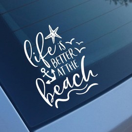 Life is Better at The Beach Car Decal - Coastal Quote Vinyl Sticker | Elegant Cursive Design with Starfish | Beach Vibes for Cars, Trucks & Boats (5.5''x6.7'', 2pcs)