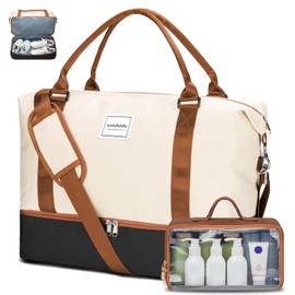 WOOMADA Weekender Overnight Bag for Women, Carry on Shoulder Travel Duffel with Shoes Compartment,Gym Bag with Toiletry Bag(beige&brown&black)