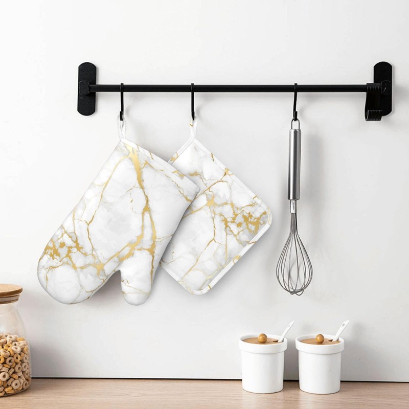 Oven Mitts and Pot Holders Sets White Gold Kitchen Accessories